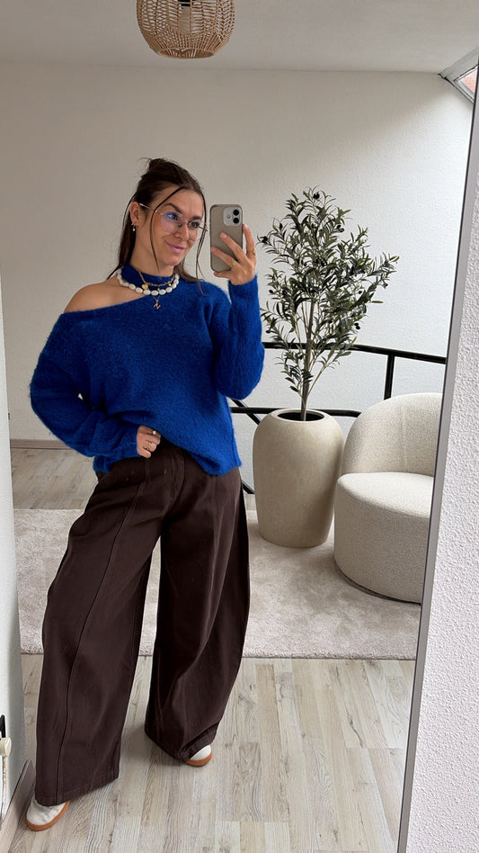 OPEN SHOULDER KNIT BLAUW