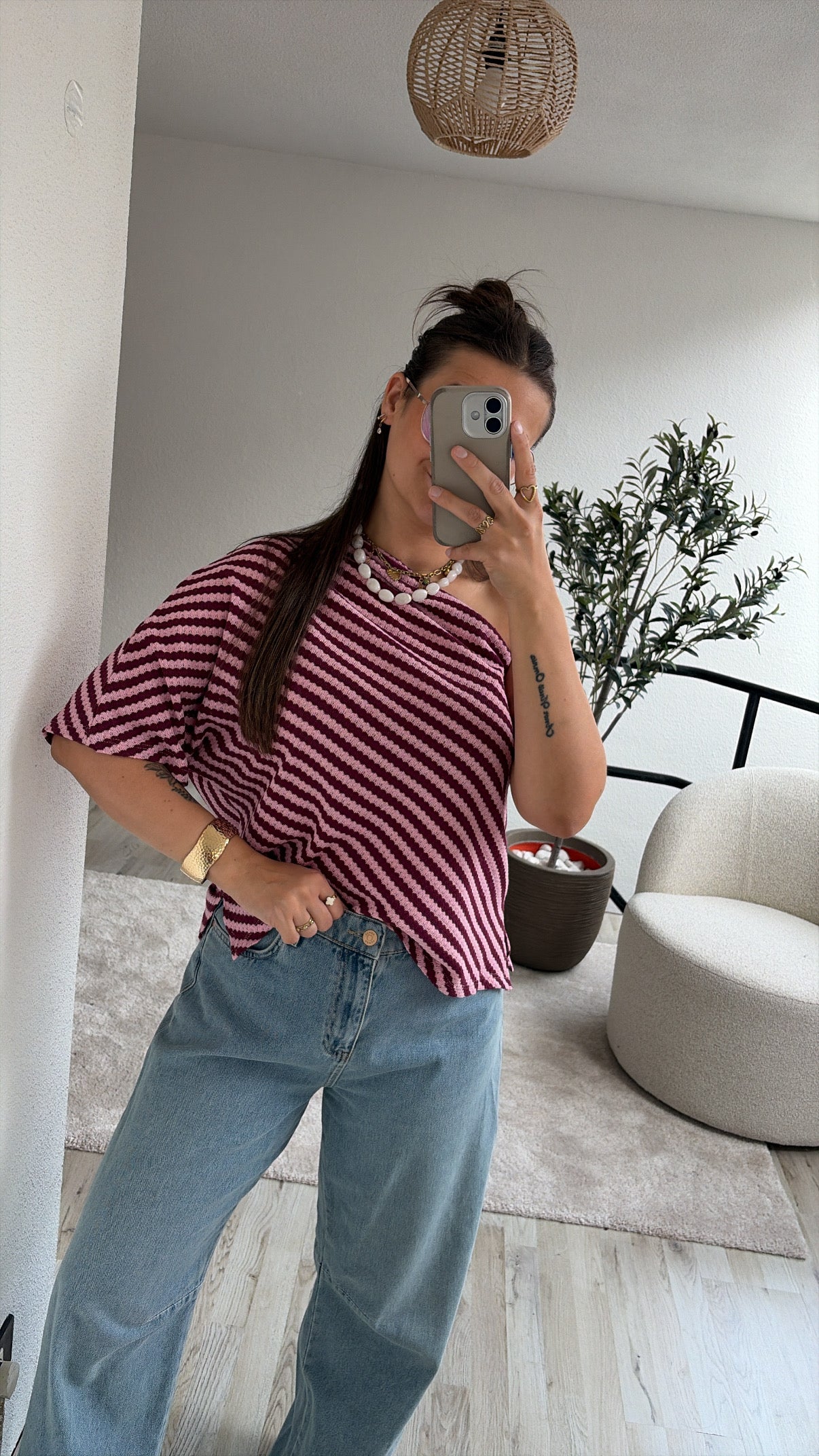ONE SHOULDER SHIRT ROZE/BURGUNDY