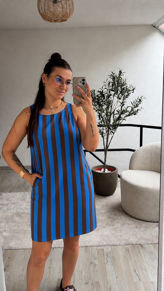 GESTREEPTE JURK CHOCO-BLAUW