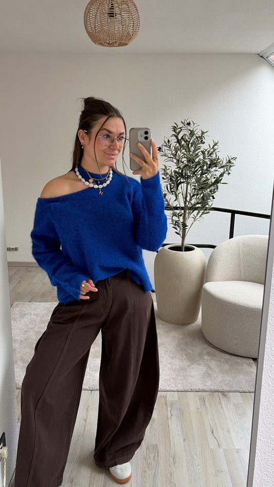 OPEN SHOULDER KNIT BLAUW